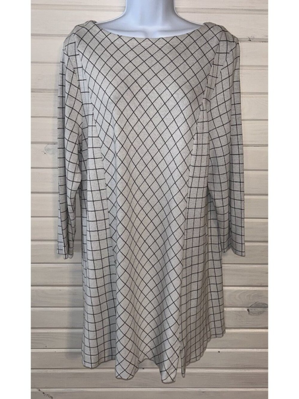 J Jill Shift Dress Sz LARGE Ponte Knit Ivory Black Diagonal Check Stretch EUC